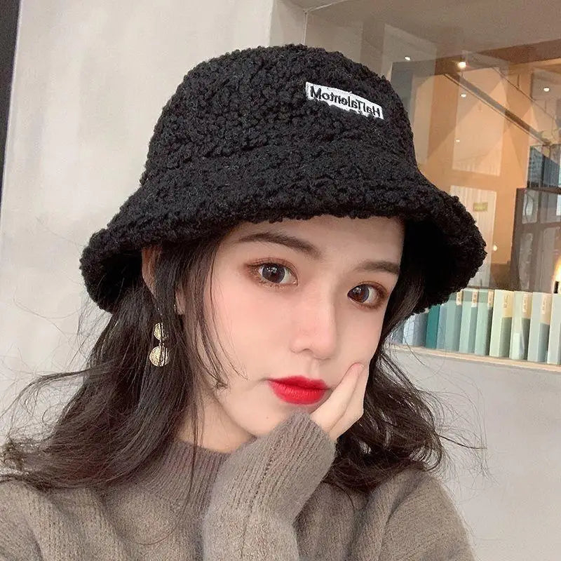 Korean Fisherman Hat Pure Color Warm Embroidered Letter Beanie Plush Light Weight Cap Unisex Casual Bucket Hat
