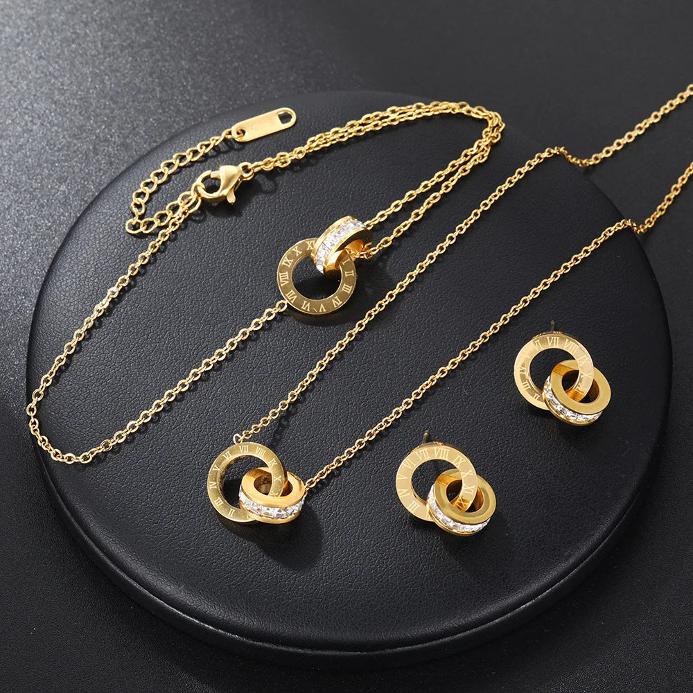 Women's Classic Stainless Steel Roman Numerals Necklace Bracelet Earrings