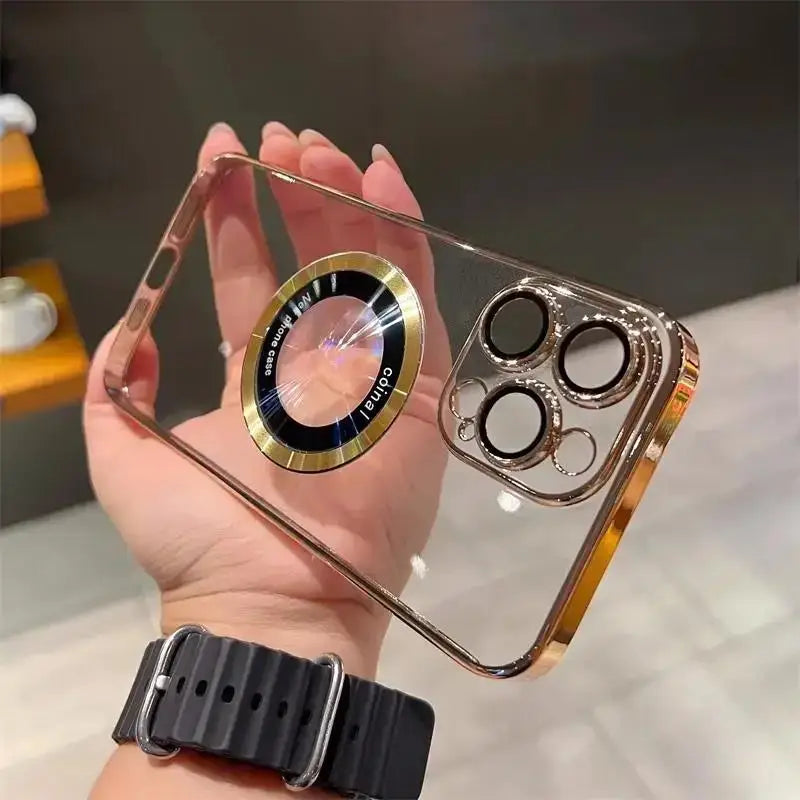 Luxury Logo Window Magnet Wireless Charger Plating Clear Case For iPhone 16 15 14 13 12 11 Pro Max Plus Back Cover For Magsafe