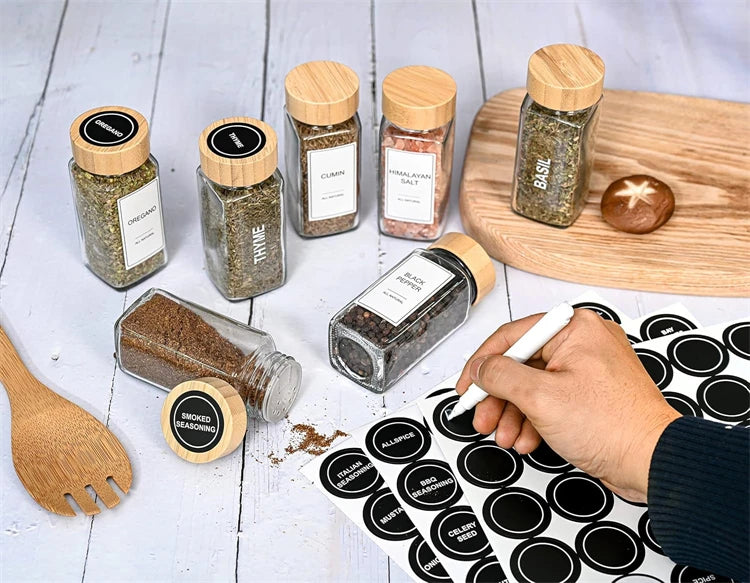 12Pcs Glass Spice Jars with Labels Kitchen Accessories 4oz Square Seasoning Containers Kitchen Salt Herbs Sugar Bottles JT510