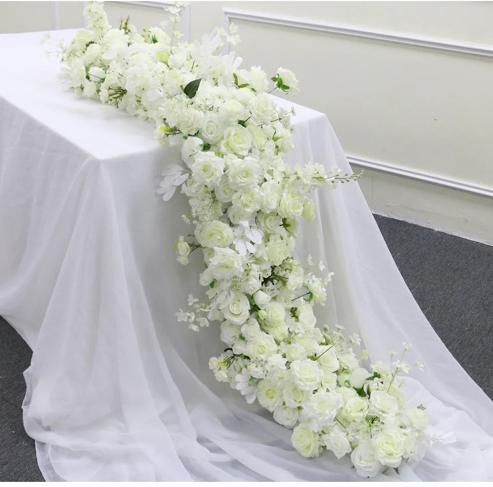 White Wedding Backdrop Decor Rose Floor Flower Runner Event Table Centerpieces Ball Pink Floral Strip Arrangement Party Props