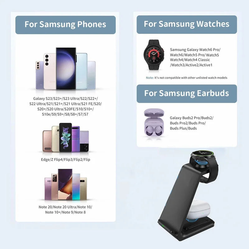 3 in 1 30W Travel Wireless Charger For Samsung Galaxy S23 S22 Watch 6 pro/5/4/3 Active 1 2 Buds Pro Plus Fast Charging Station