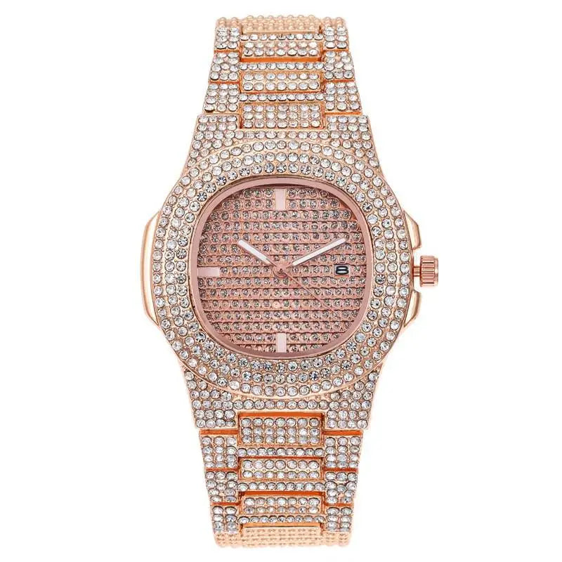 Iced Out Women Men Watch Square Diamondd Black Numbers Quartz