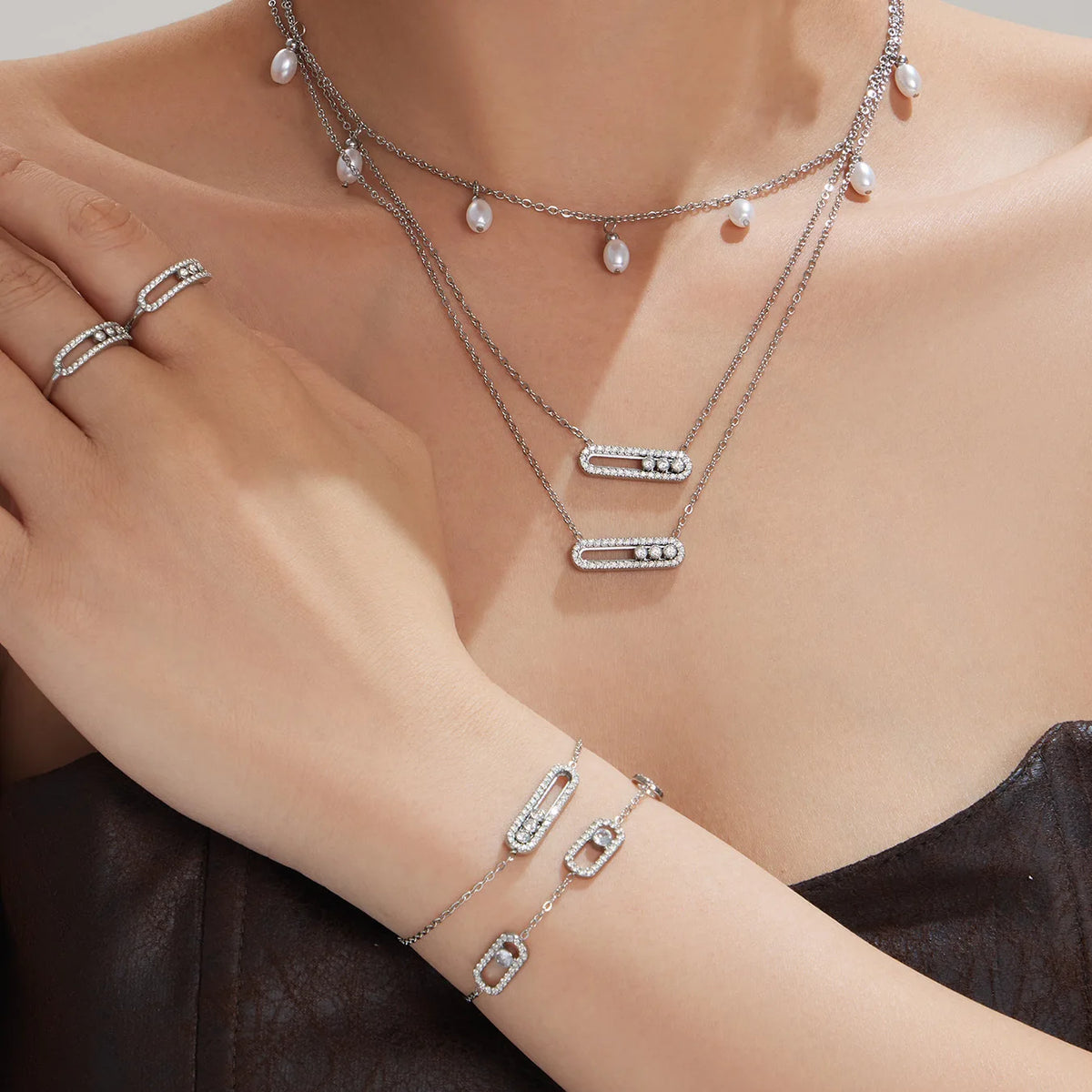 Three Slidable Zircon Pendant Necklace Bracelet Ring 18k Gold Plated Stainless Steel Chain Necklaces Bracelets Rings Jewelry Set