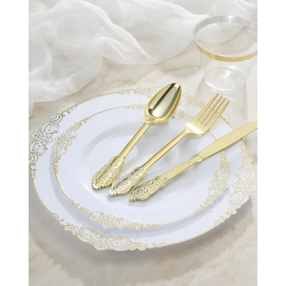 Elegant 350-Piece Gold Plastic Dinnerware Set: 100 Rimmed Plates, 150 Cutlery, 50 Napkins, 50 Cups for Parties & Weddings