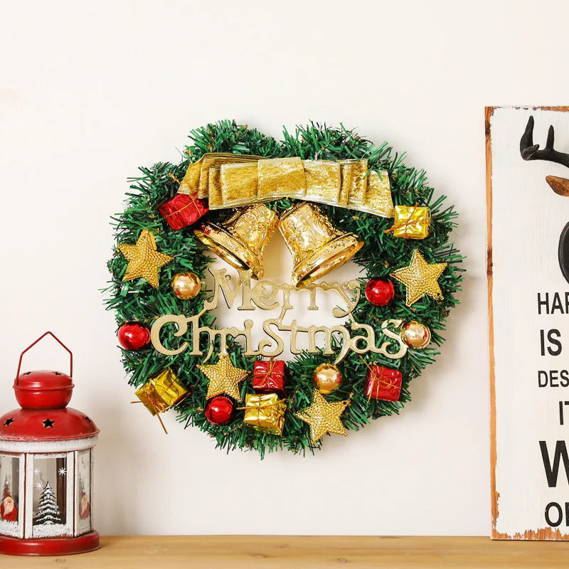 30cm Artificial Christmas Wreath For Front Door Red Bow Bell Christmas Wreath Door Hanging Window Ornaments Christmas Decoration