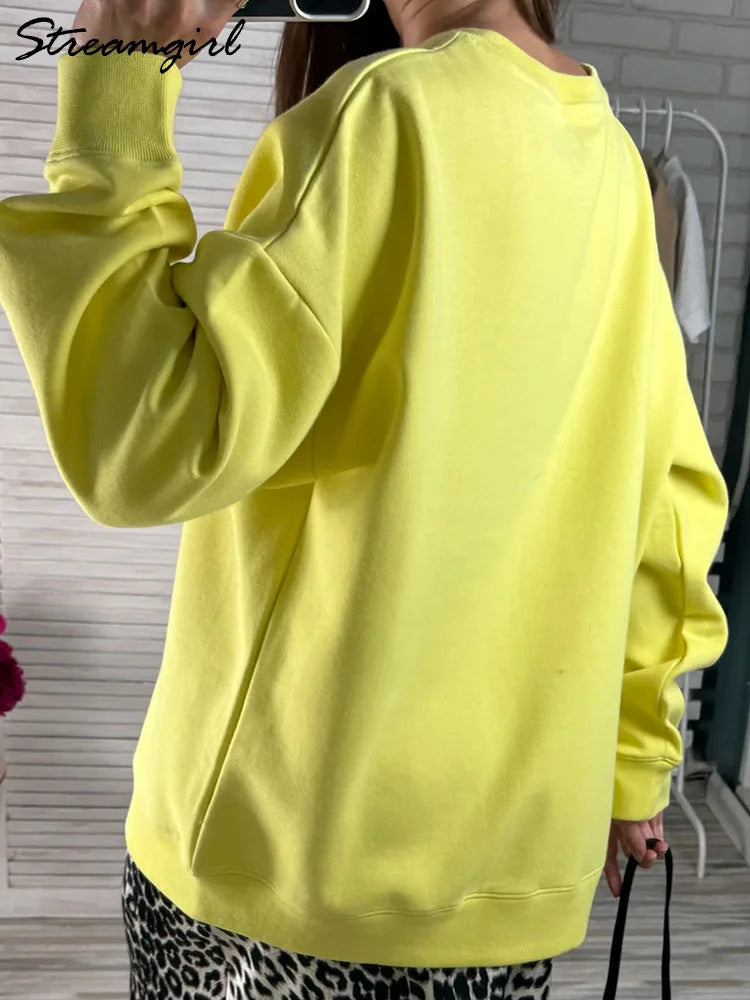 White Oversized Crewneck Sweatshirts Women Autumn Comfort Colors Pink Mom Sweatshirt Yellow Cotton Fall Sweatshirt For Women