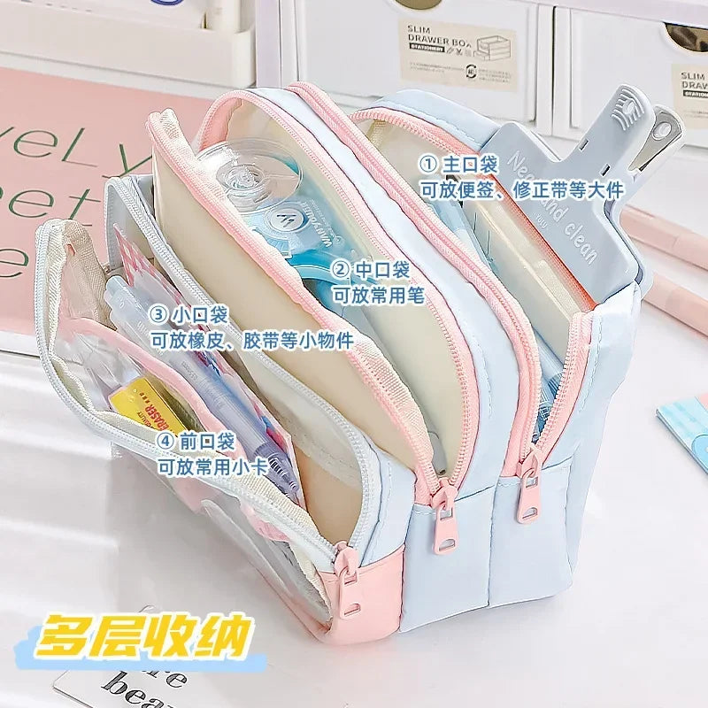 Kawaii Pencil Bag Large Capacity 3 Compartments Pencil Case Pen Pouch Desk Organizer School Supplies Cute Korean Stationery