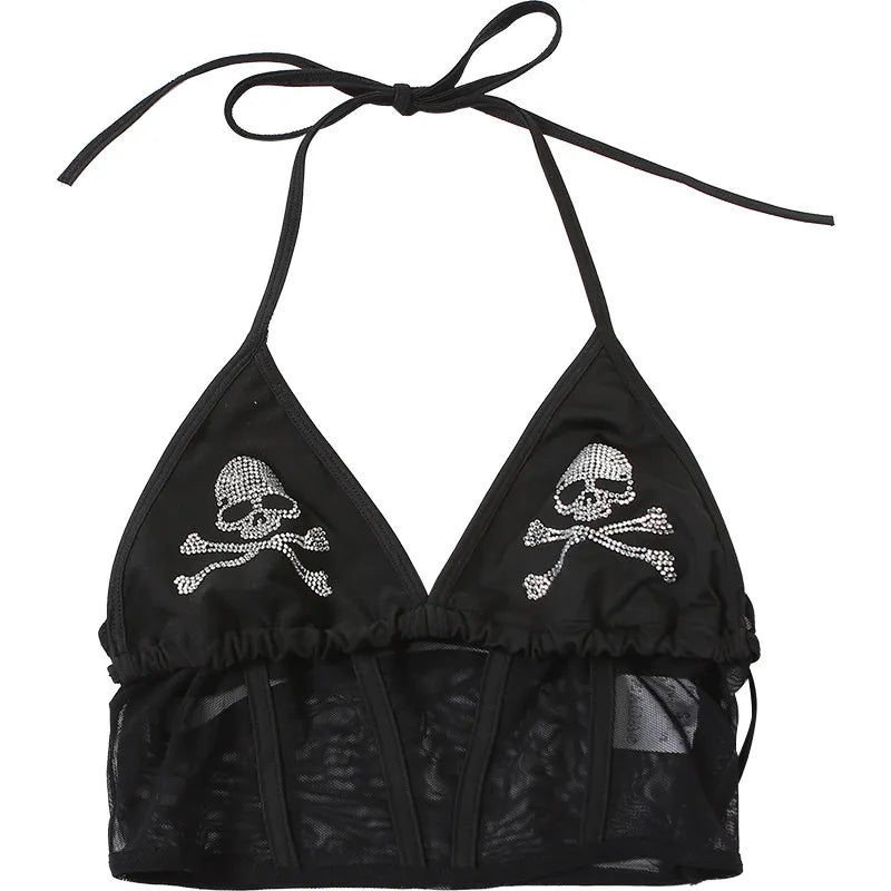 Women's Black Gothic Crop Top Emo Y2K Tank Top Rhinestone Camisole