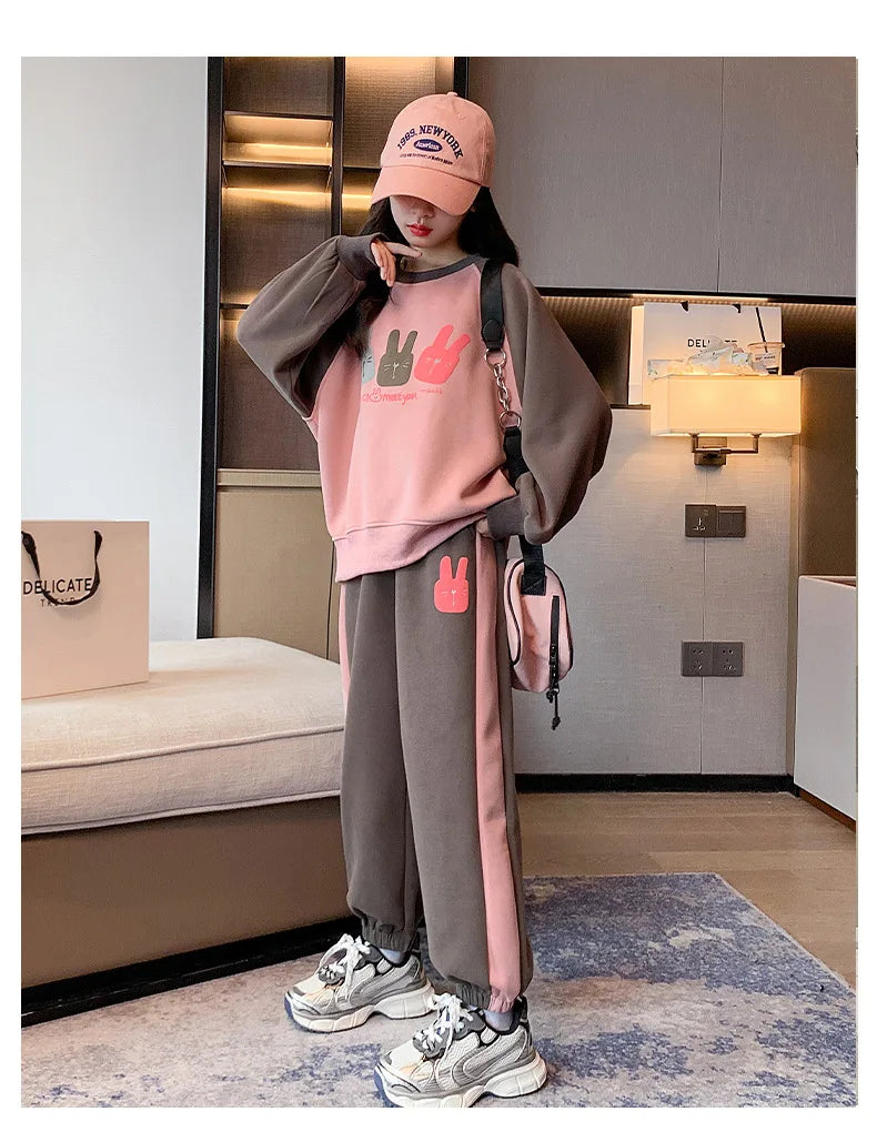Girls Cotton Contrast Cartoon Alphabet Loose Sweatshirt+Sweatpant School Kids Tracksuit Child Jogger Outfit Workout Sets 5-16Yrs