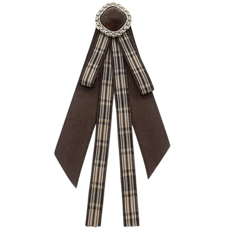 Ribbon Bowtie Brooch Pin Student Uniform Pre Tied Necktie Clip Vintage Brown Plaids Bowknot Corsage Shirt Jabot Collar