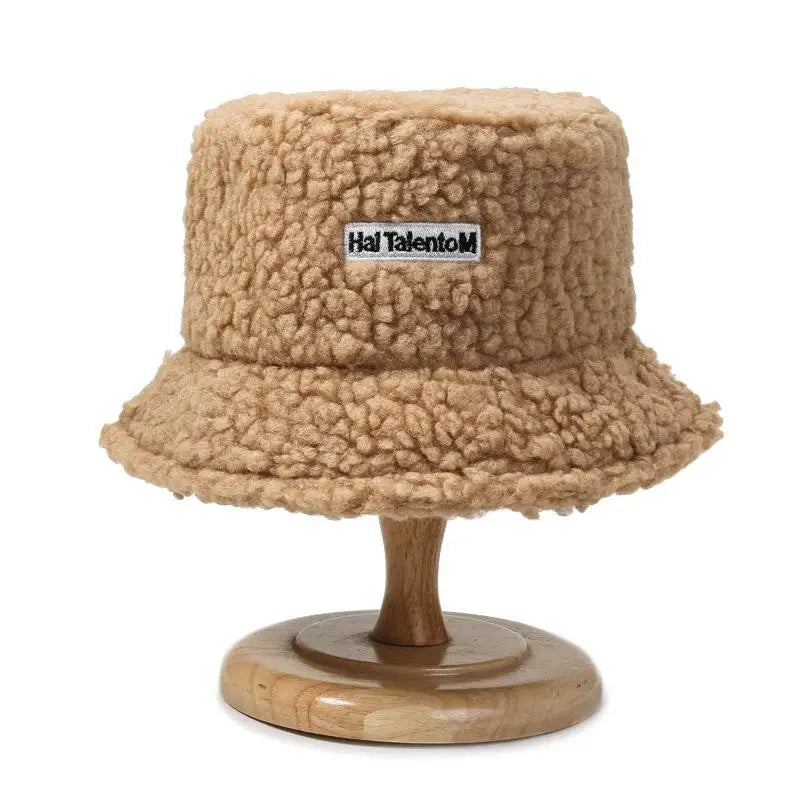 Korean Fisherman Hat Pure Color Warm Embroidered Letter Beanie Plush Light Weight Cap Unisex Casual Bucket Hat