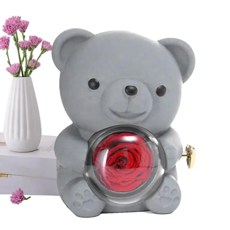 Bear Necklace Case Romantic Bear and Rose Jewelry Box Hug Bear Decoration Necklace Box Rose and Rotating Bear Case with Double