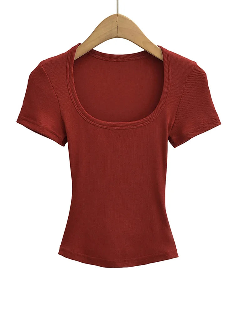 Square Collar High Stretch Summer Crop Tops Women Short