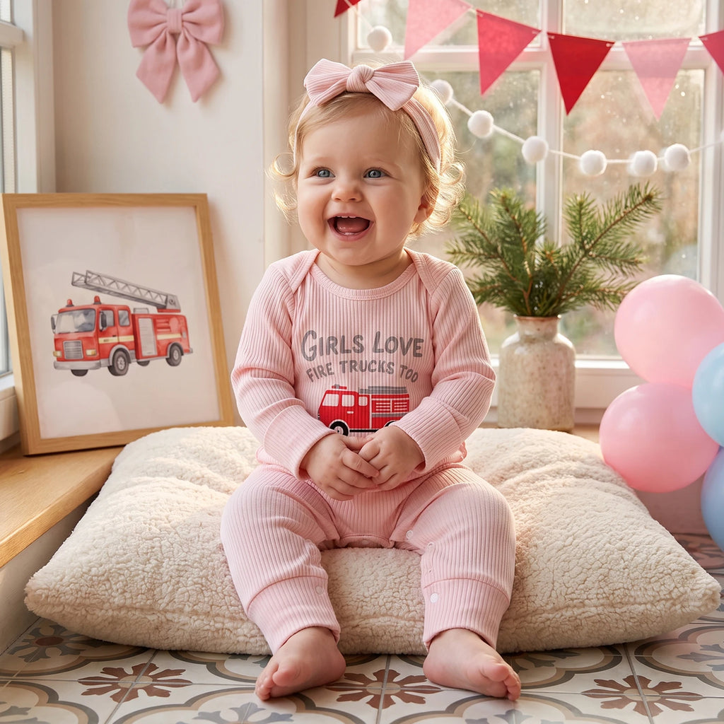 Baby Girl Fall Romper Letter Fire Fighting Truck Print