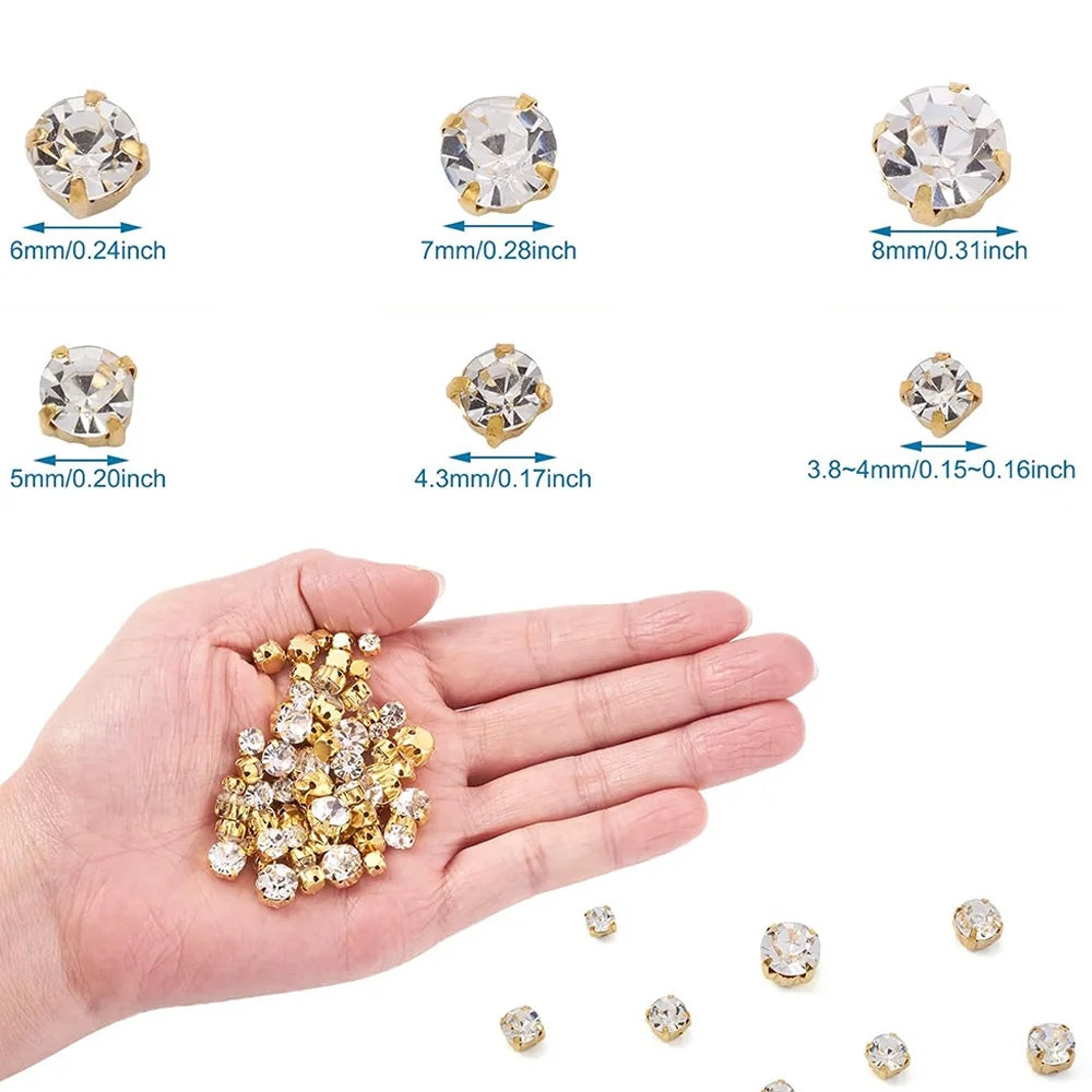 100 Stitching Rhinestones with Gold Claws 6 Sizes Gold Round Stitching Rhinestones for Sewing Crafts Jewelry Making