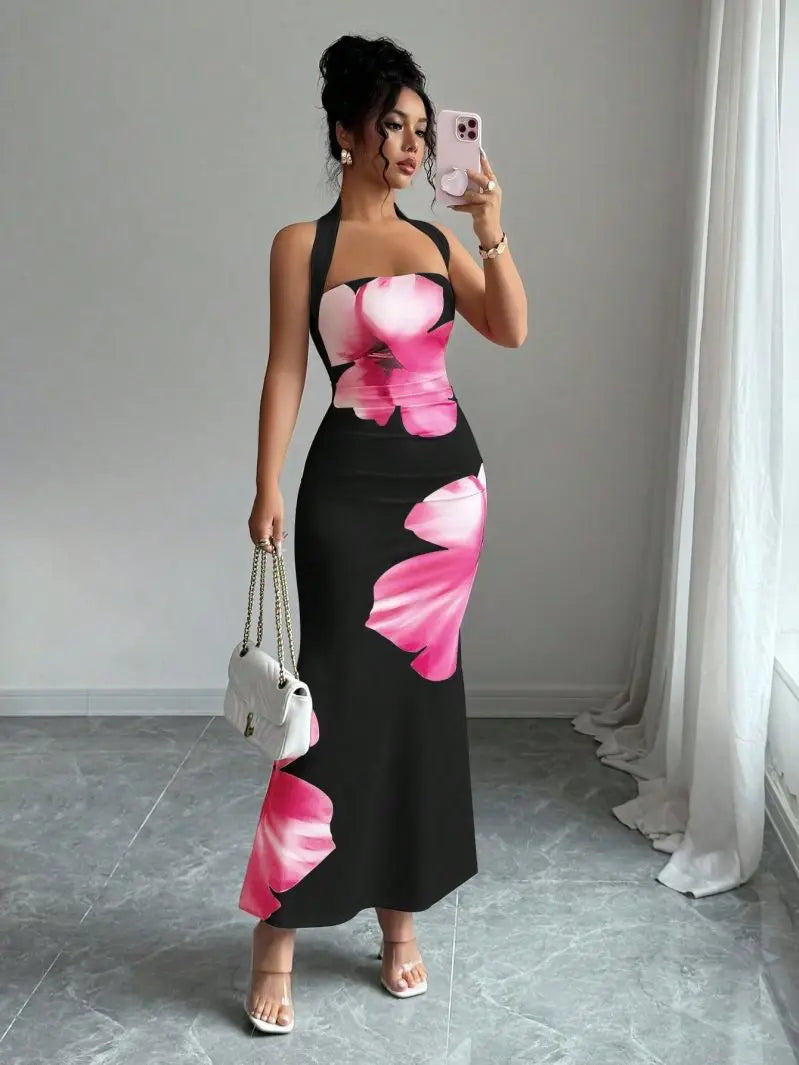 Slim Fit Hanging Neck Strapless Long Skirt Waist Cinching
