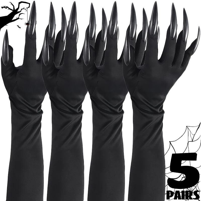 5/1pair Scary Long Nails Gloves Halloween Cosplay Ghost Claw Black Nails Finger Gloves Arm Sleeves Party Costumes Props Supplies