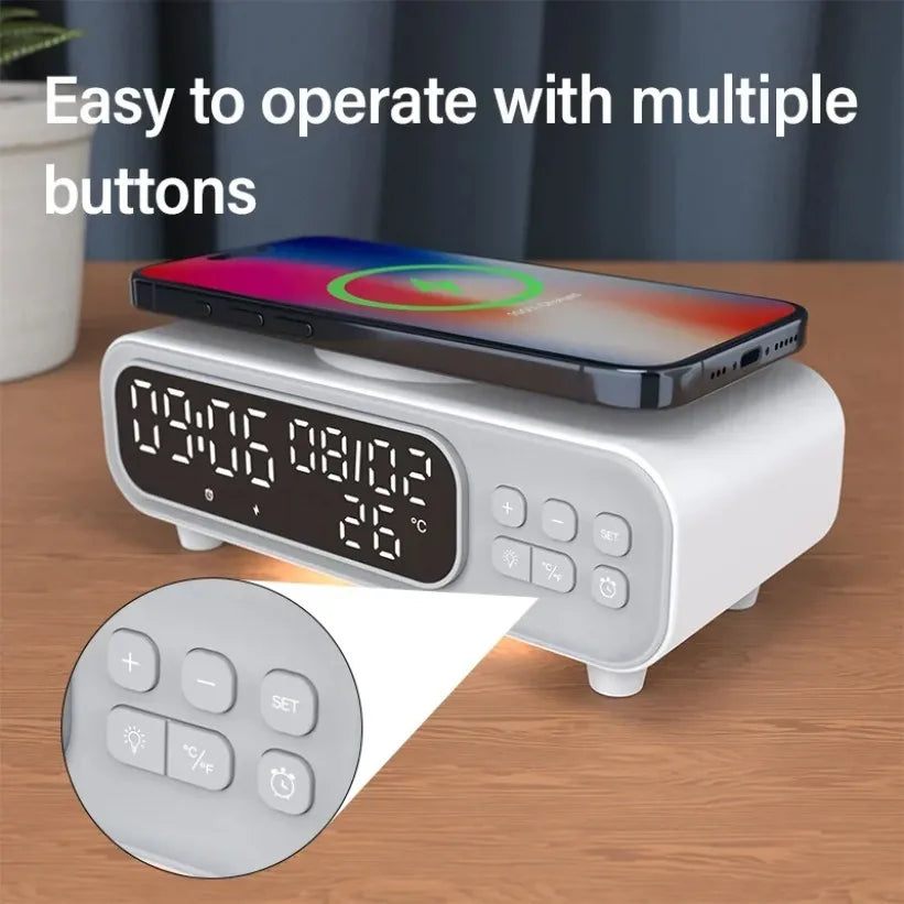 15W Wireless Charger Time Alarm Clock LED Night Light Thermometer Earphone Phone Chargers Fast Charging Dock Station For iPhone