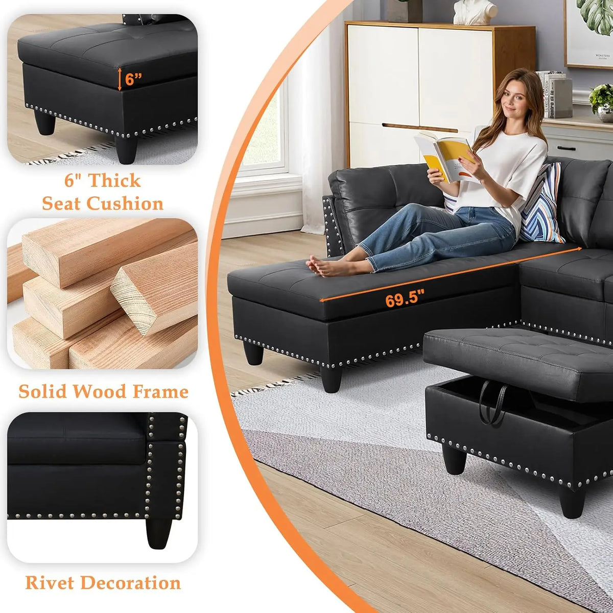 98-Inch L-Shaped Sectional Sofa, 4-Seater
