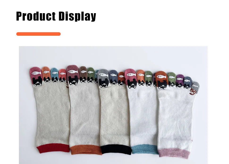 1/5 Pairs Toe Socks Women Girl Cotton White Cute Cartoon Bear Fish Print Soft Beautiful Fashions Ankle Boat Five Finger Socks