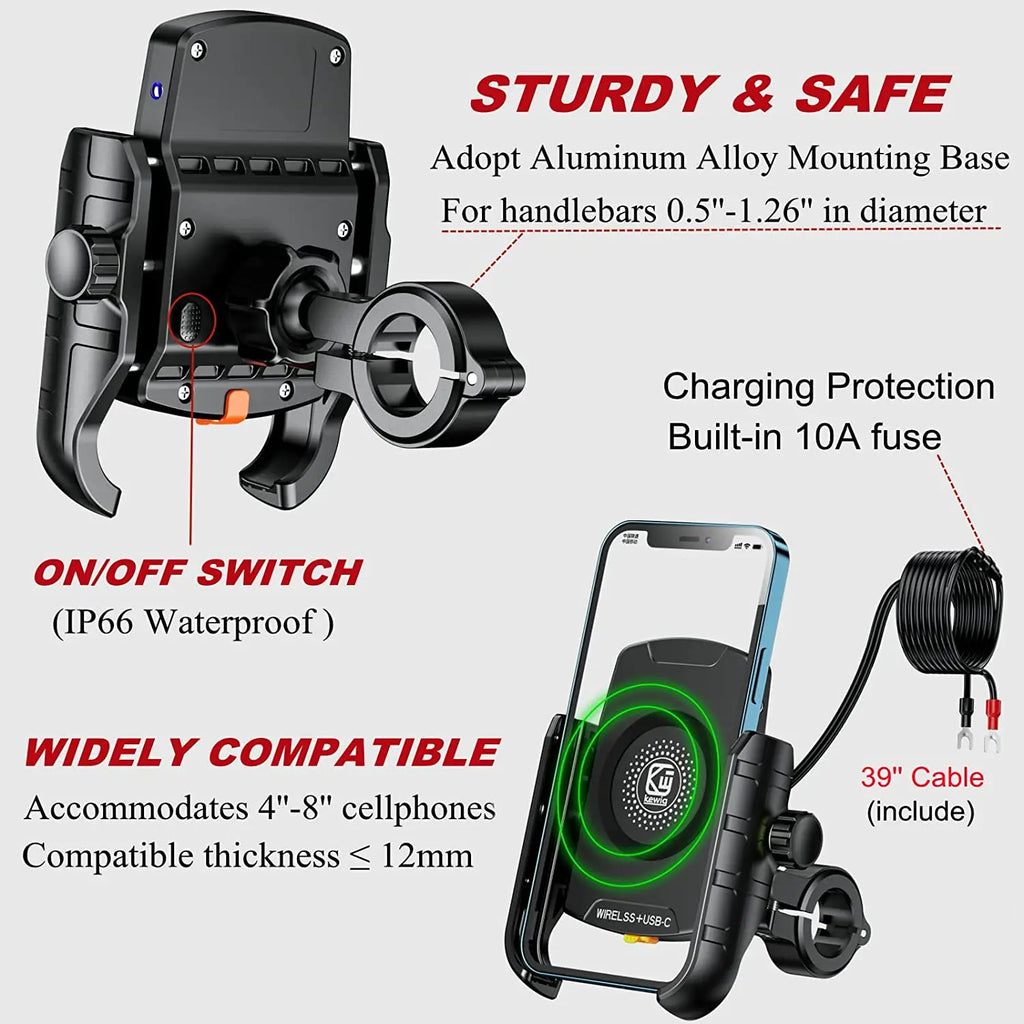 Motorcycle Phone Holder Wireless Charger Moto Motorbike Mirror Mobile Stand Support USB-C Fast Wireless Charging Cellphone Mount