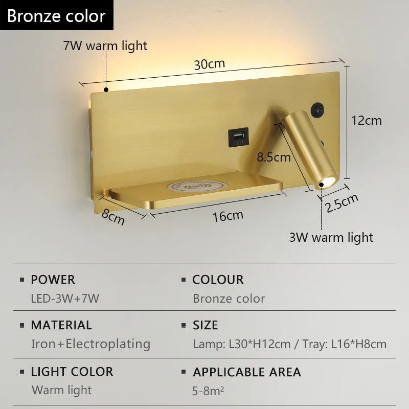 Multi Functional Wall lamp with Mobile phone Wireless charger switch USB interface Bedroom Night light LED Reading wall light