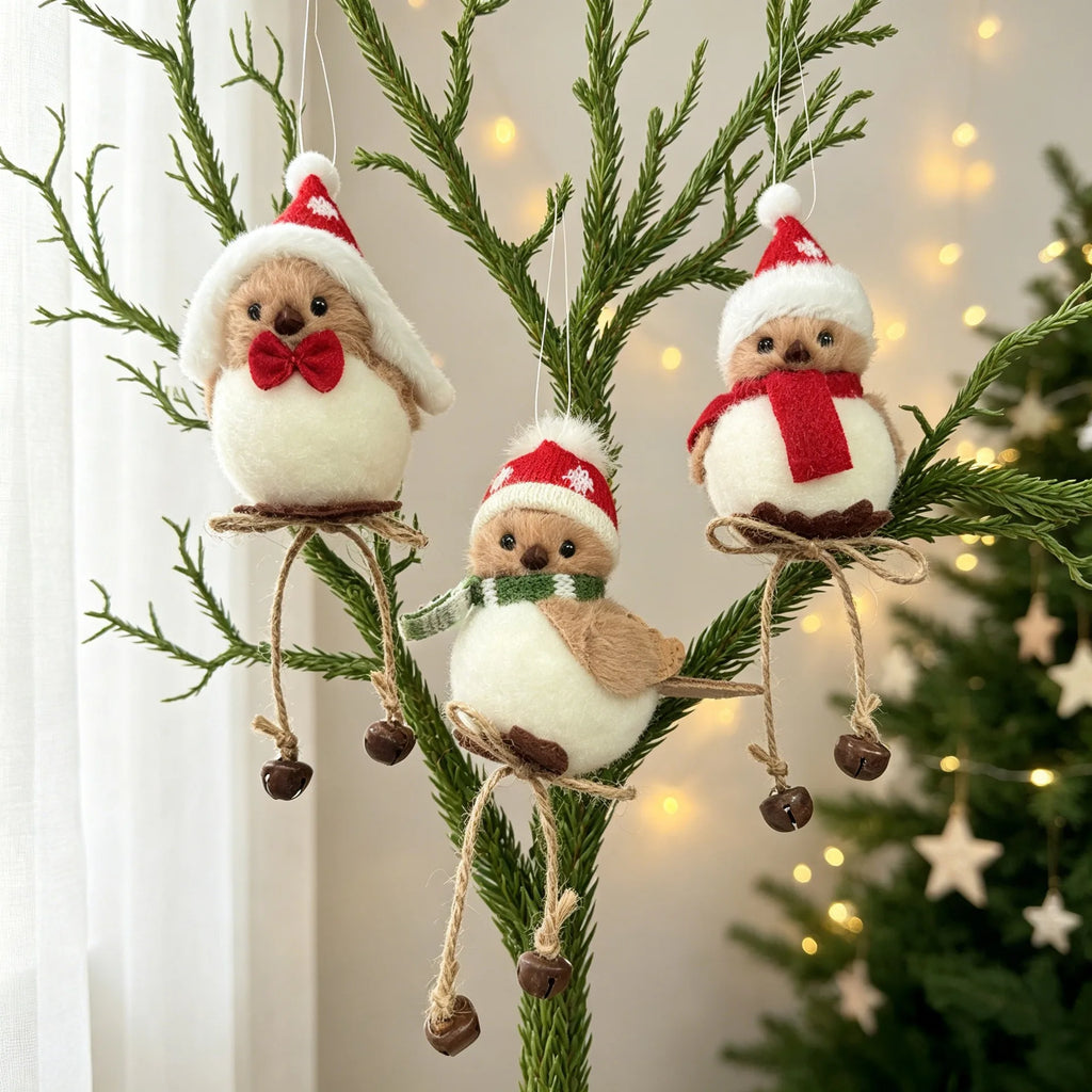 1pc Christmas Tree Hanging Ornament Cute Plush Bird with Santa Hat