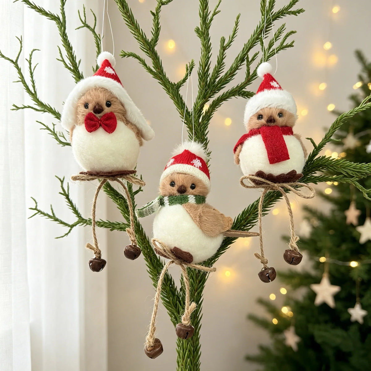 1pc Christmas Tree Hanging Ornament Cute Plush Bird with Santa Hat