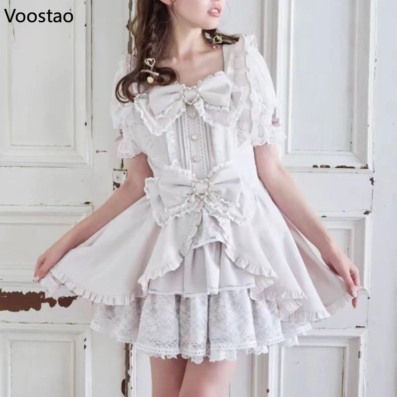 Japanese Sweet Lolita Rhinestone Bow Dress Kawaii Women Y2k - Black