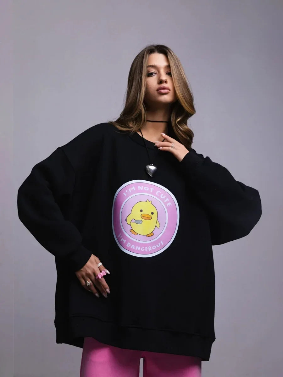Bornladies Women's Loose Round Neck Sweatshirt Oversized Chic Printing Hoodies Casual Autumn Winter Warm Female Trendy PulloverT