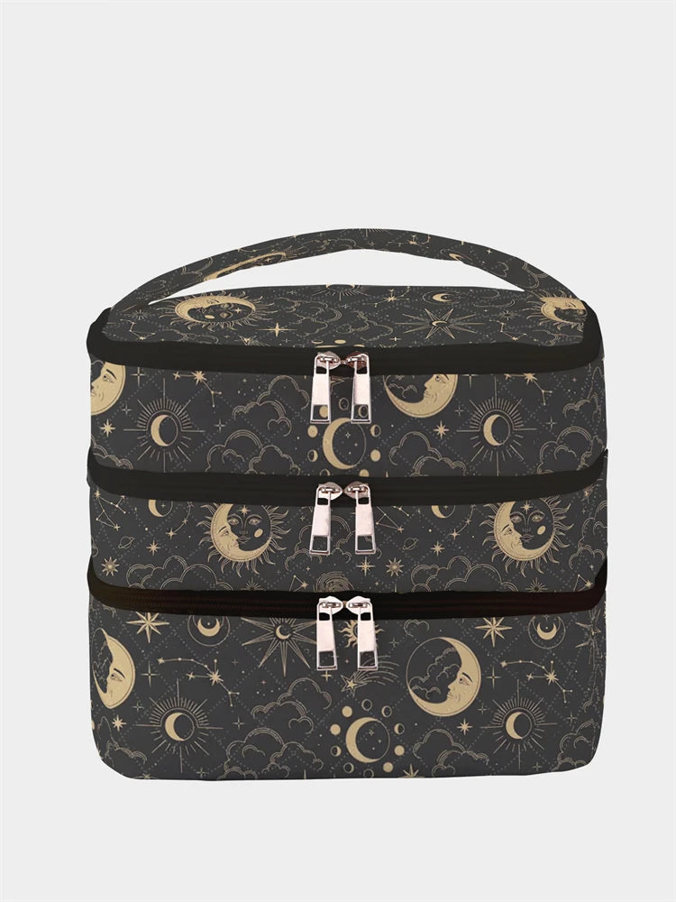 1Pc, Moon and Star Pattern 3-Layer Cosmetic Bag, Multi-Functional Makeup Management Bag, Bathtub Shower, Wallet, Portable Cosmetics, Lipstick, Brush, Skin Care Organizer 1Pc, Starry Sky Pattern 3-Layer Cosmetic Bag, Multi-Fun