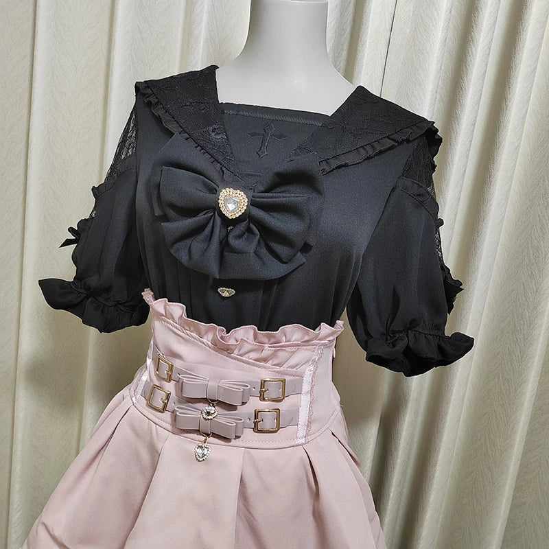 Kawaii Women Shirts Jirai Kei Lolita Y2K Cute Japanese Style Blouse Elegant Short Sleeve Sweet Tops Casual Aesthetic Shirt 2025