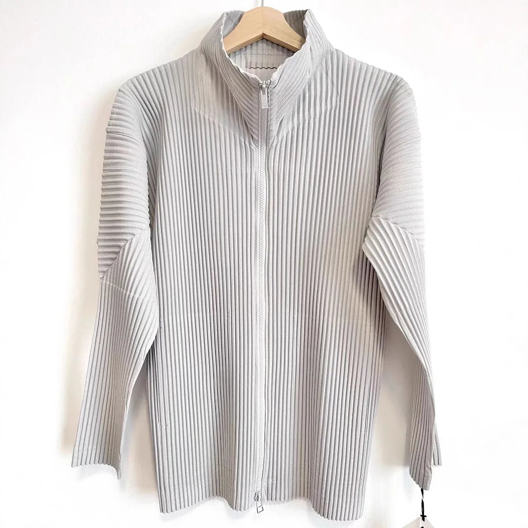 Miyake Men's Pleated Jacket Long Sleeve Standing Collar Fold Jacket Coat High Collar Zip Sweatshirt 2025 Spring Summer New Tops