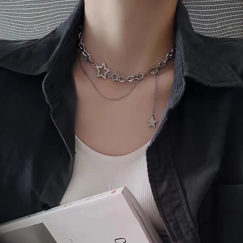 Y2K Star Zircon Pendant Necklace for Women Luxury Sweet Cool Girl