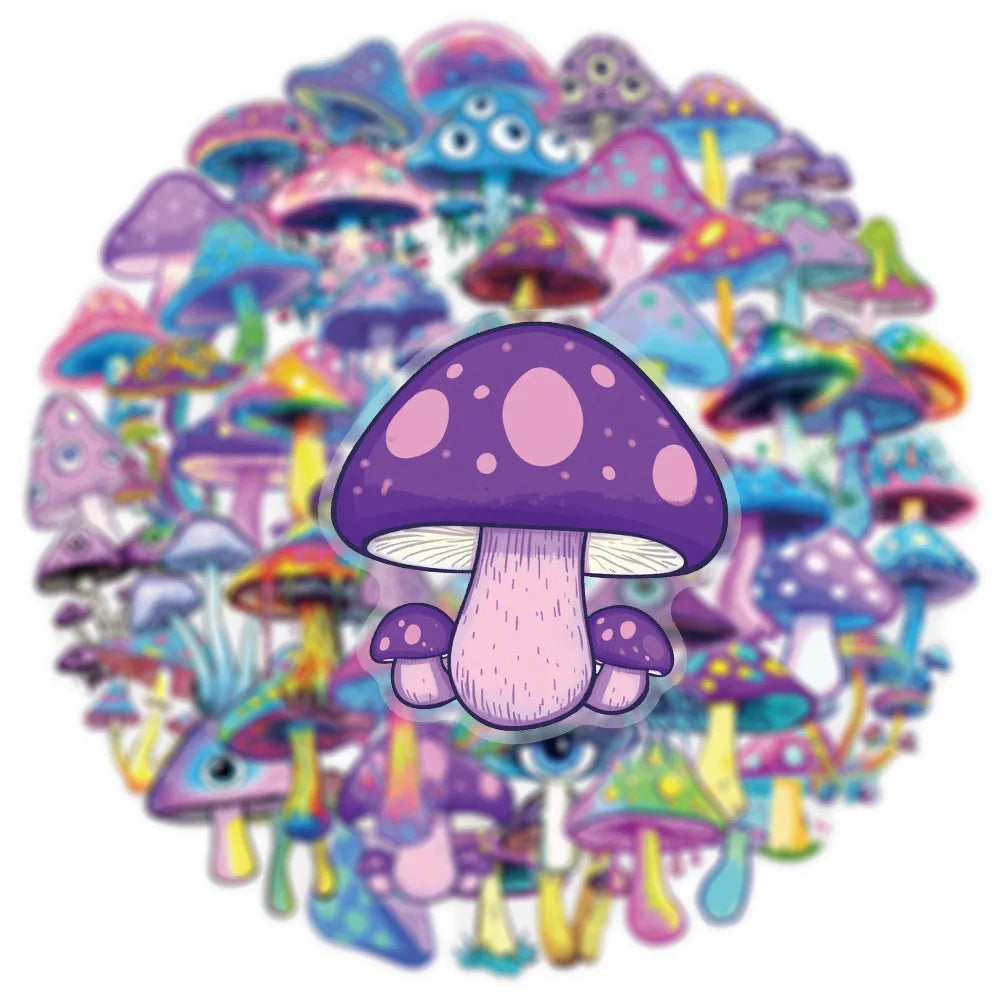 50 Pcs Transparent Iridescent Mushroom Stickers - PET Decorative Decals for Notebooks, Phone Cases, Tablets, Motorcycle