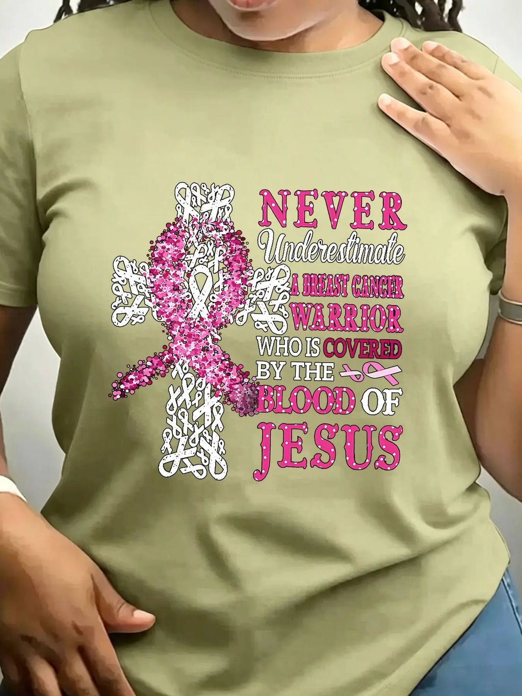 Women's Trendy Crew Neck T-Shirt Pink Ribbon Breast Cancer
