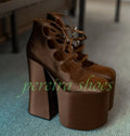 Women Brown Satin Multi Buckle Cutout Hollow Boots Platform Chunky