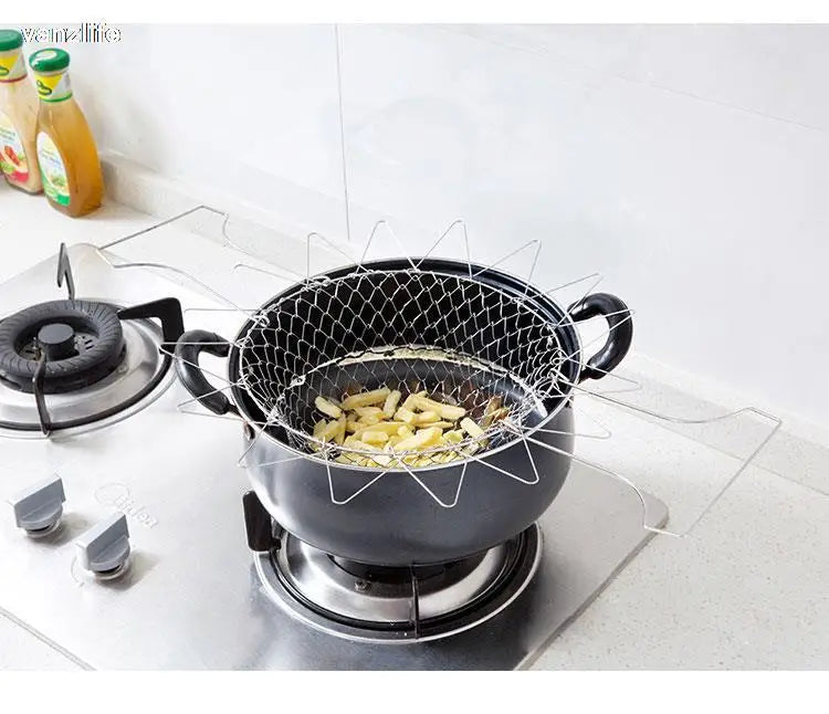 vanzlife stainless steel deep-fried large noodle kitchen French fries tools drain basket Household leak net spoon folding filter