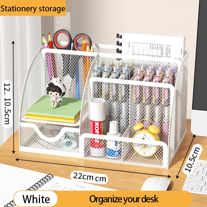 Mesh Desk Organizer Office with 7 Compartments with Drawer Desk Tidy Candy Pen Holder Multifunctional Organizer