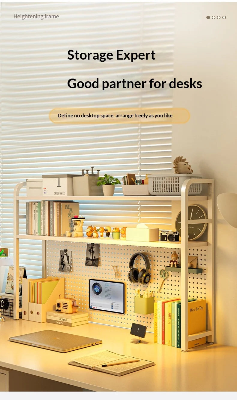 Iron Desktop Pegboard Bookshelf Multi Tier Desk Organizer Storage Shelf Student Computer Workstation Tidy Rack Cabinet Furniture