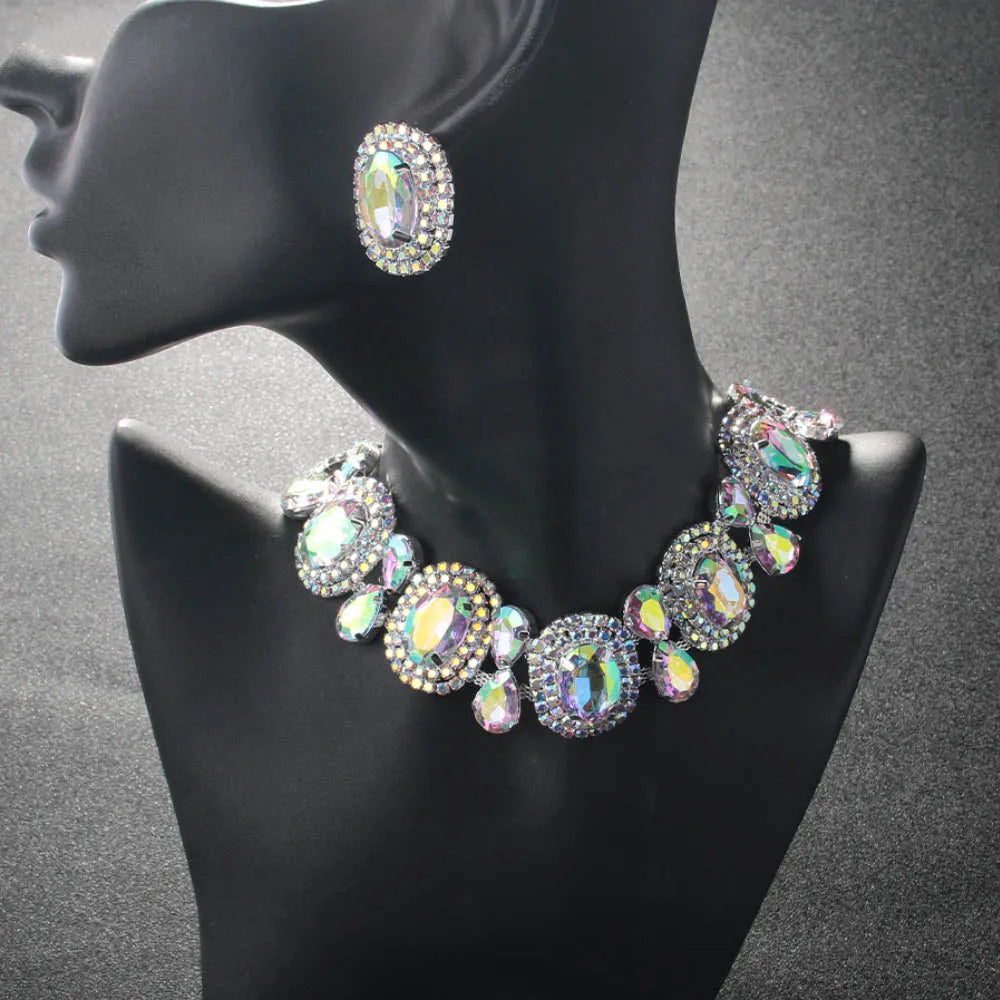Elegant Boho Round Crystal Jewelry Set Piercing Wedding Gift for Bridal Bling Geometric Rhinestone Necklace Earring Set Party