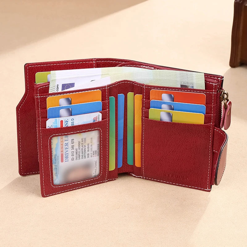 RFID anti-theft brush new three fold multi fold genuine leather cowhide wallet multifunctional anti tamper magnetic card bag sho