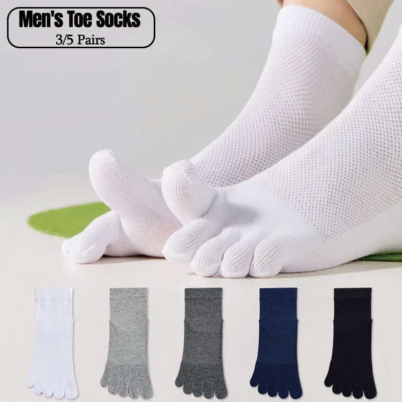 3/5 Pairs Men's Toe Socks Mid-Calf 100% Cotton Mesh Breathable Anti-bacterial Anti-odor Split Toe Socks for Daily & Sports
