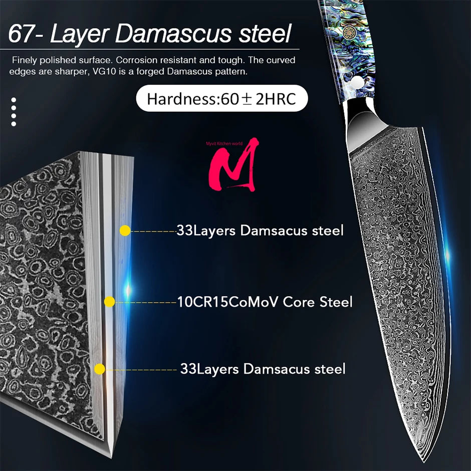 Damascus Knife Chef Knife Japanes VG10 67 Layer Steel Cleaver Paring Bread Knife Lasting Sharp Abalone Shell Handle Kitchen Gift