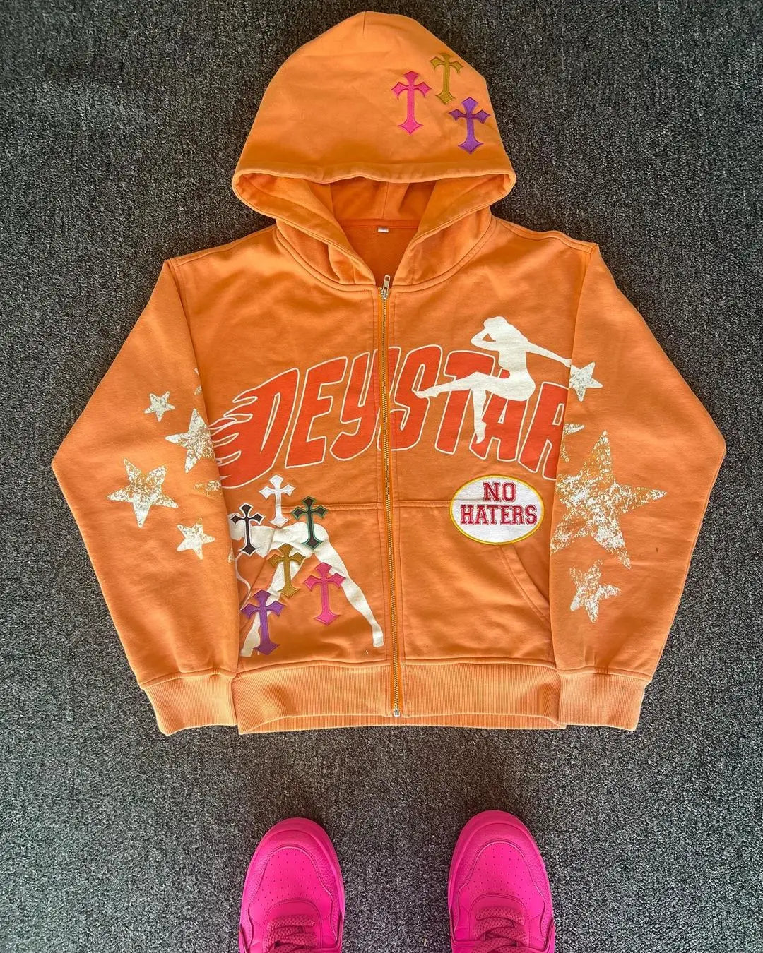 Harajuku Grunge Oversized Zip up Hoodie Sweatshirt Cross Printing