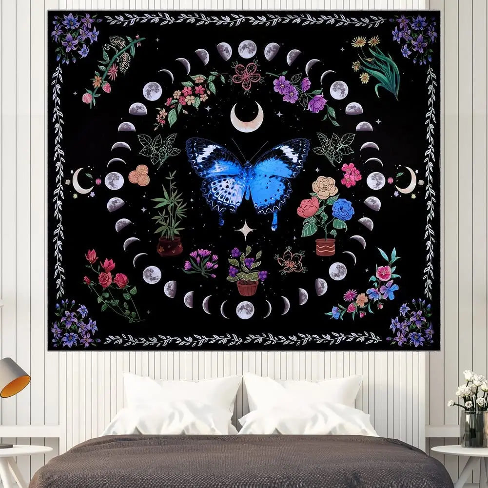 Butterflies and Moths Tapestry Black and White Flower Tapestry Wall Hanging Beach Blanket Romantic Bedroom Dorm Home Decor