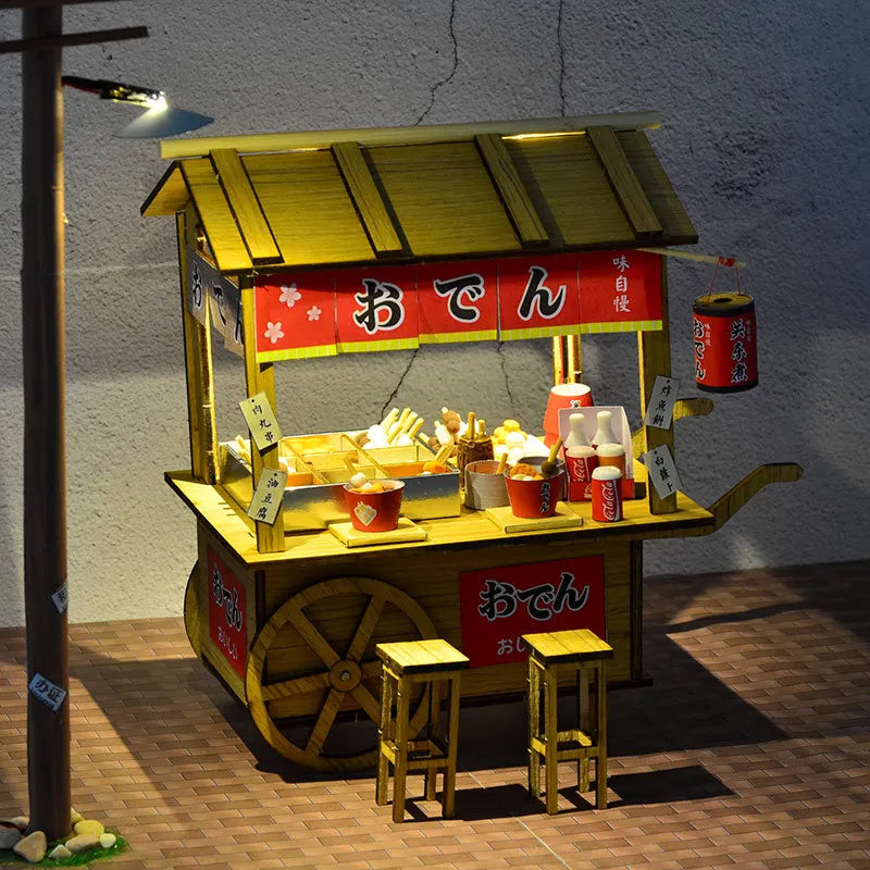 16 DIYJapanese Chinese style handmade wooden doll house Oden cooking car stall creative birthday gift collector decoration
