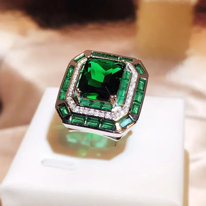 Fashion 925 Sterling Silver Rings for Women Trendy Metal Inlaid Square Princess Emerald Stone Wedding Engagement Jewelry