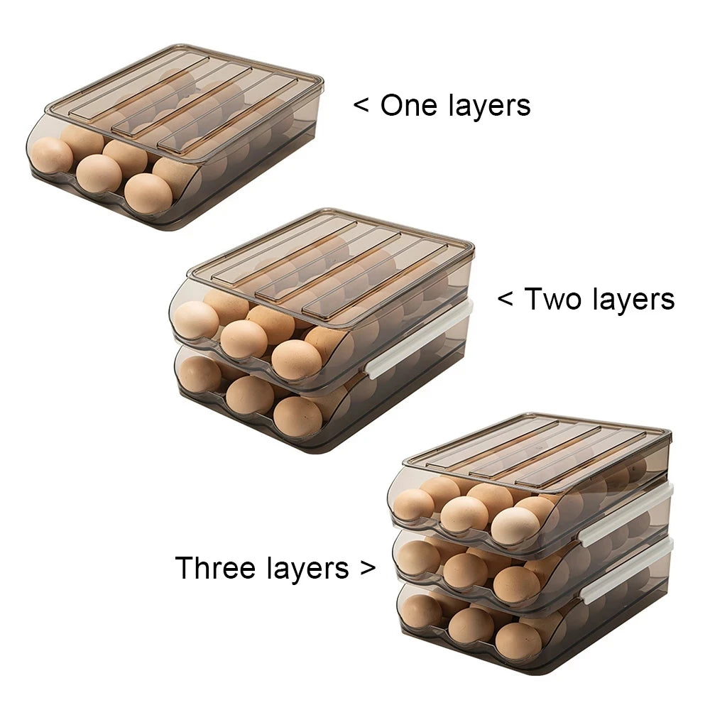 Automatic Slide Egg Storage Box Transparent Drawer, Stackable Rolling Eggs Rack Egg Tray Holder Basket, Kitchen Fridge Organize